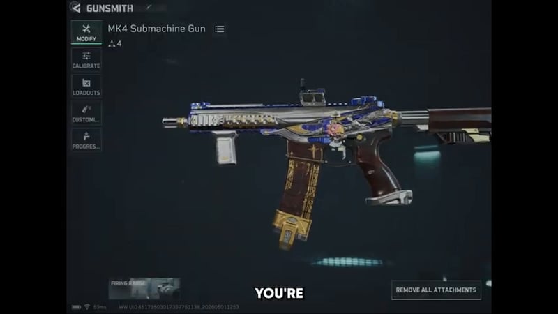 Delta Force Gunsmith modify screen for the MK4 Submachine Gun showing an ornate blue and gold skin