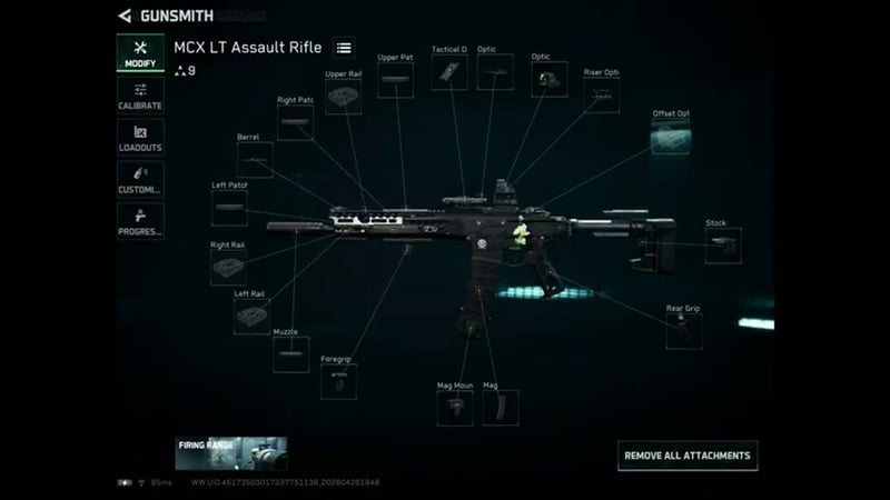 Delta Force Gunsmith modify screen for the MCX LT Assault Rifle showing its full attachment slot map