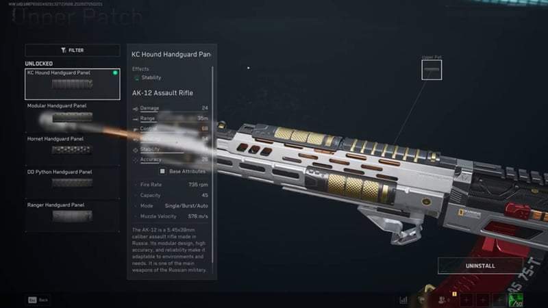 Delta Force Gunsmith screen for the AK-12 Assault Rifle showing the KC Hound Handguard Panel selected on the Upper Patch slot
