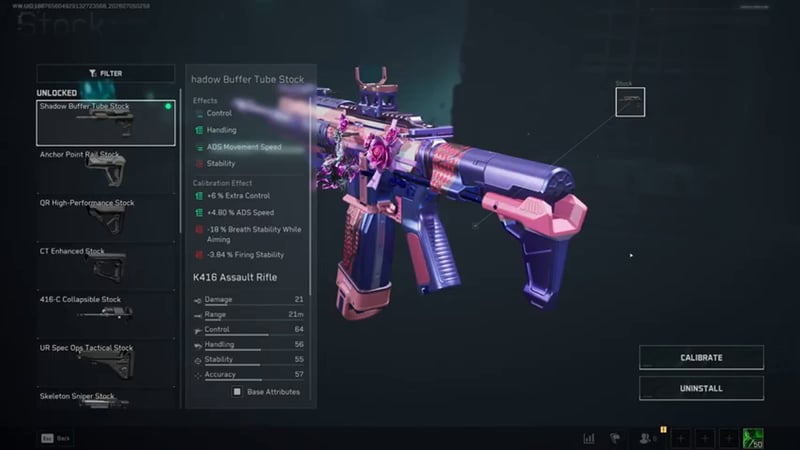 Delta Force Gunsmith stock screen for the K416 showing the Shadow Buffer Tube Stock selected, with Control, Handling, ADS Speed and Stability trade-offs listed