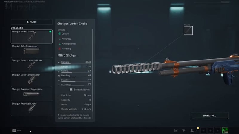 Delta Force Gunsmith muzzle screen for the M870 Shotgun showing the Shotgun Vortex Choke selected, with Control, Accuracy and Handling trade-offs listed