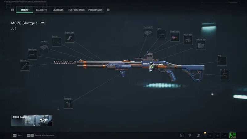 Delta Force Gunsmith modify screen for the M870 Shotgun showing its full attachment slot map on a blue HAAVK-branded skin