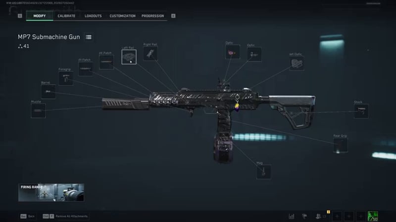 Delta Force Gunsmith modify screen for the MP7 Submachine Gun showing its full attachment slot map