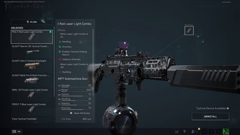 Delta Force Gunsmith right rail screen for the MP7 showing the PEQ-2 Red Laser-Light Combo and its on/off effect trade-offs