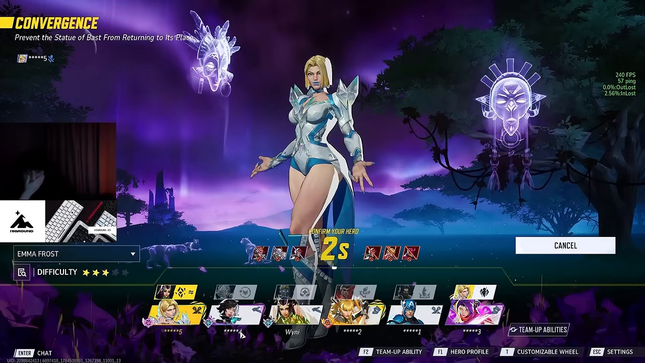 Emma Frost on the hero-select screen, with her portrait and another hero's portrait both carrying a highlighted team-up icon