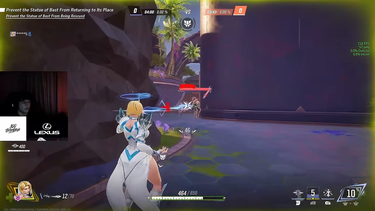 Emma Frost firing her Telepathic Pulse beam at an enemy during a team fight