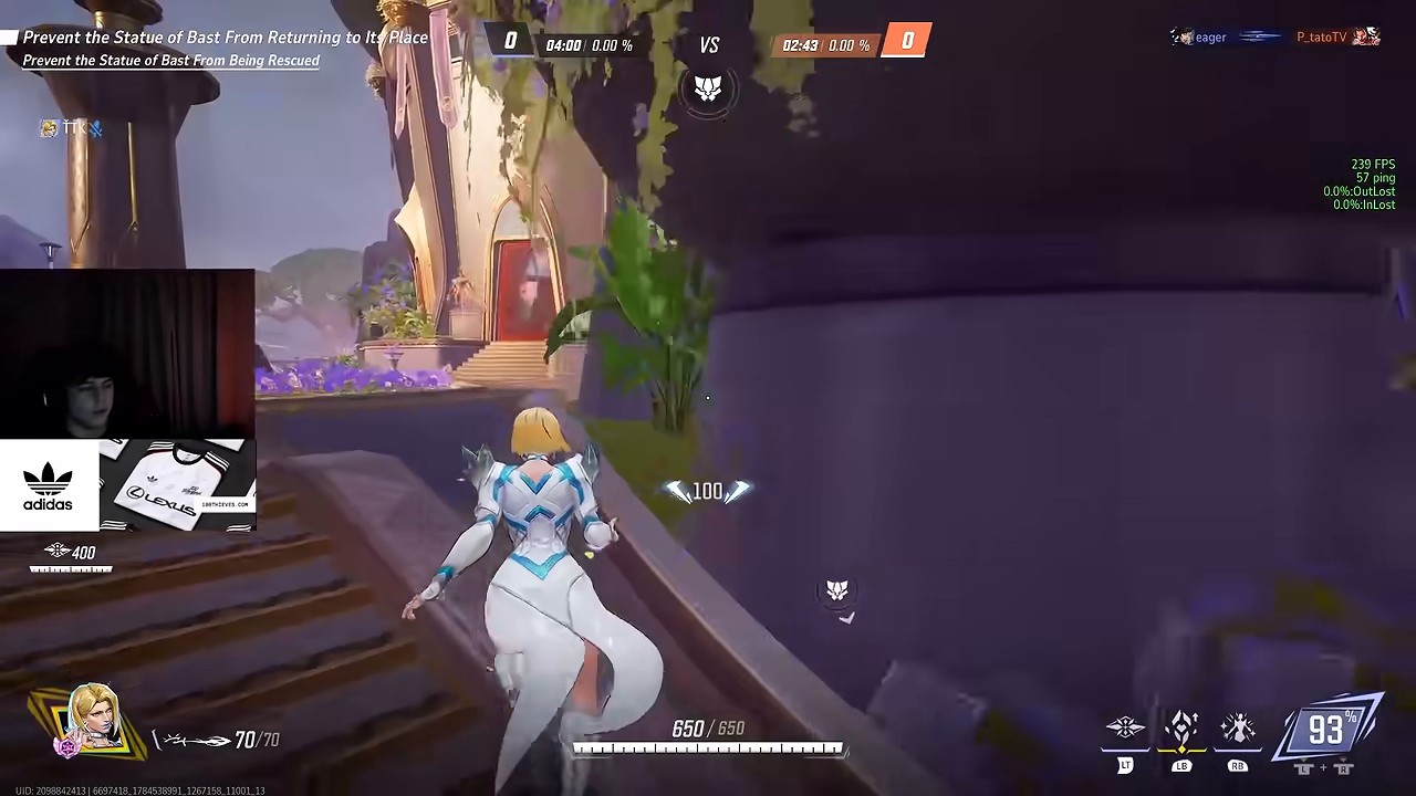 Emma Frost at full health repositioning through an open area of the map