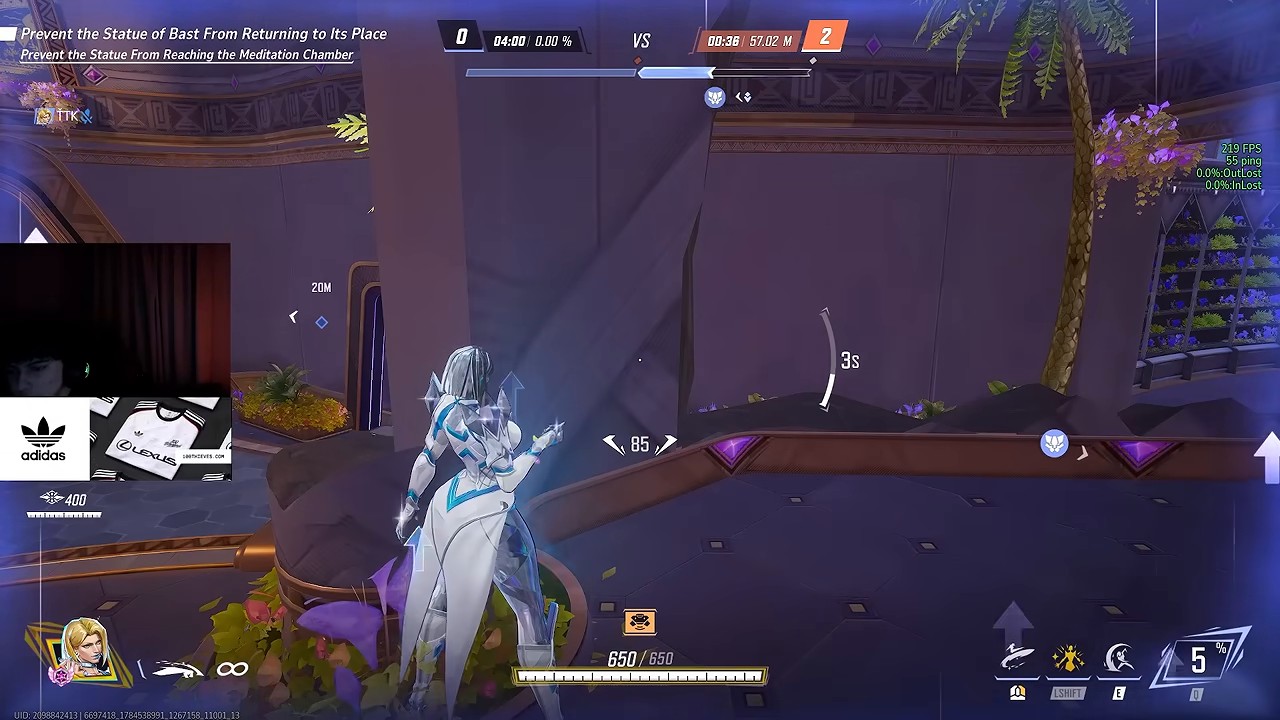 Emma Frost repositioning through a temple-style map environment at full health