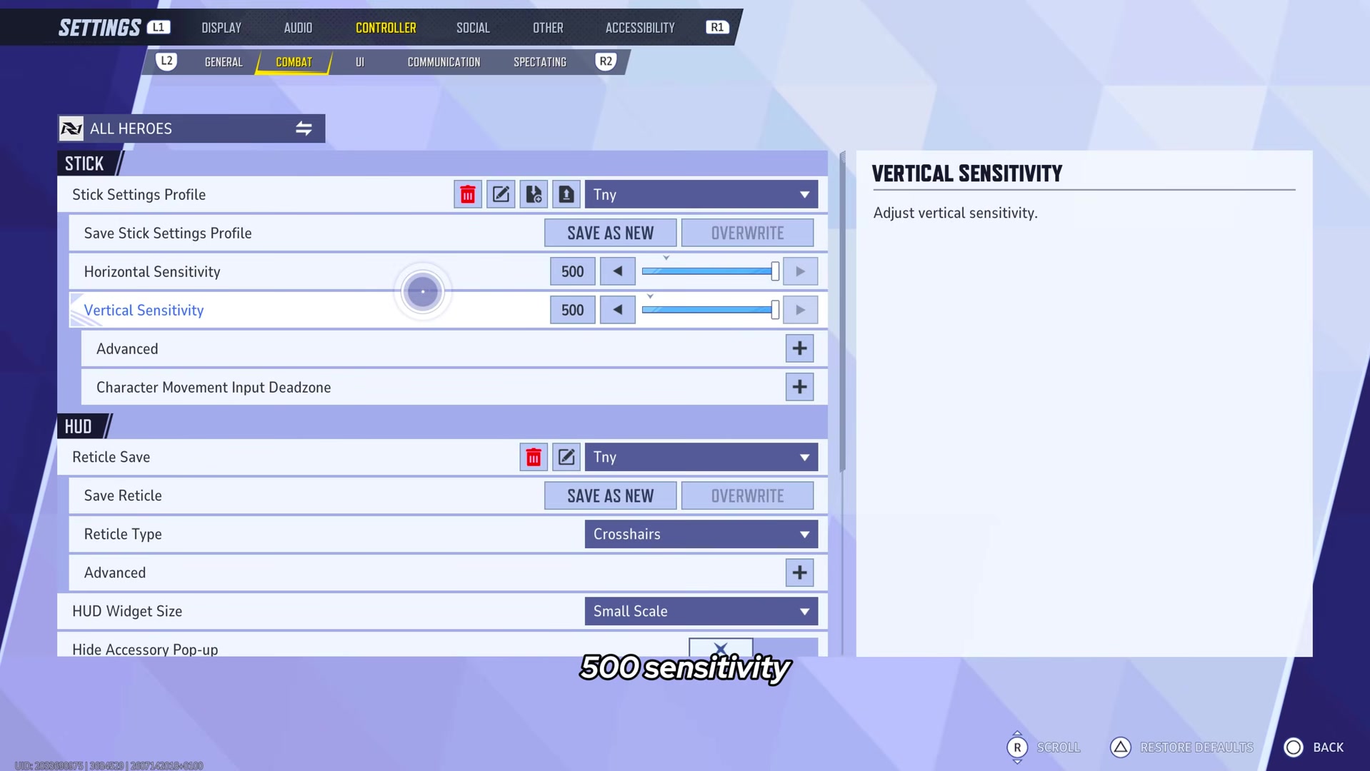 Controller settings menu showing Horizontal and Vertical Sensitivity both set to 500