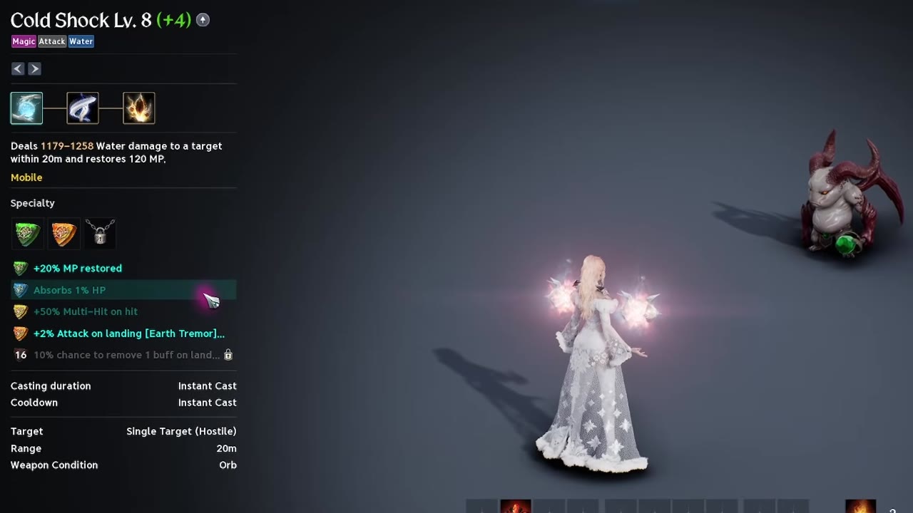 Cold Shock Lv. 8 skill panel with the Specialty list open: +20% MP restored, Absorbs 1% HP, +50% Multi-Hit on hit, and +2% Attack on landing, next to a character in a white gown.