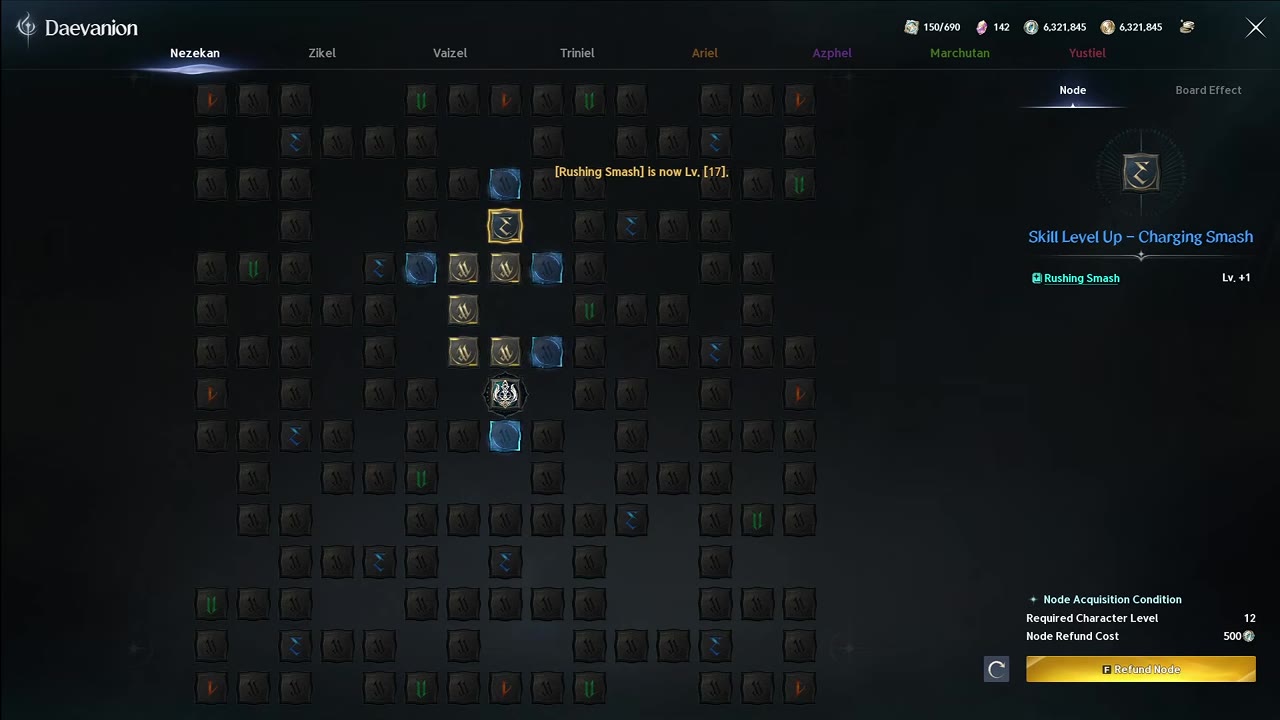 Daevanion board on the Nezekan tab with blue skill-level spots and green passive spots; a message reads Rushing Smash is now Lv. 17 and the side panel shows the Skill Level Up node for Rushing Smash, Lv. +1.