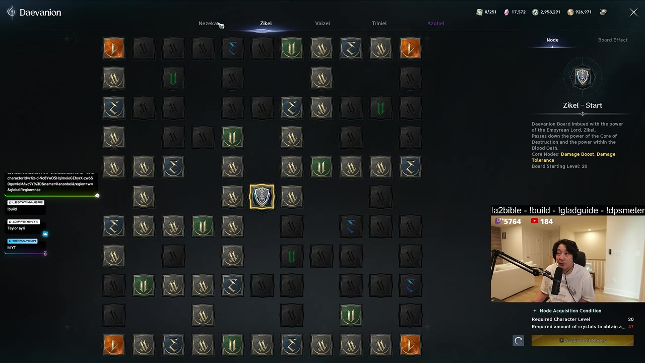 Daevanion screen on the Zikel board tab, a grid of nodes with orange nodes in the four corners and blue, green and gray nodes across the rest; the side panel shows Zikel - Start with core nodes Damage Boost and Damage Tolerance, starting level 20.