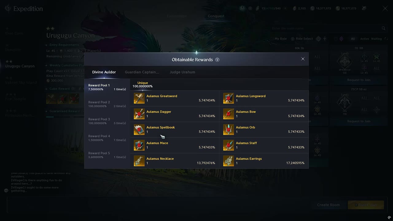 Urugugu Canyon Obtainable Rewards window on the Divine Aulador tab, Reward Pool 1: Aulamus Greatsword, Longsword, Dagger, Bow, Spellbook, Orb, Mace and Staff at 5.747% each, Aulamus Necklace at 13.792% and Aulamus Earrings at 17.240%.
