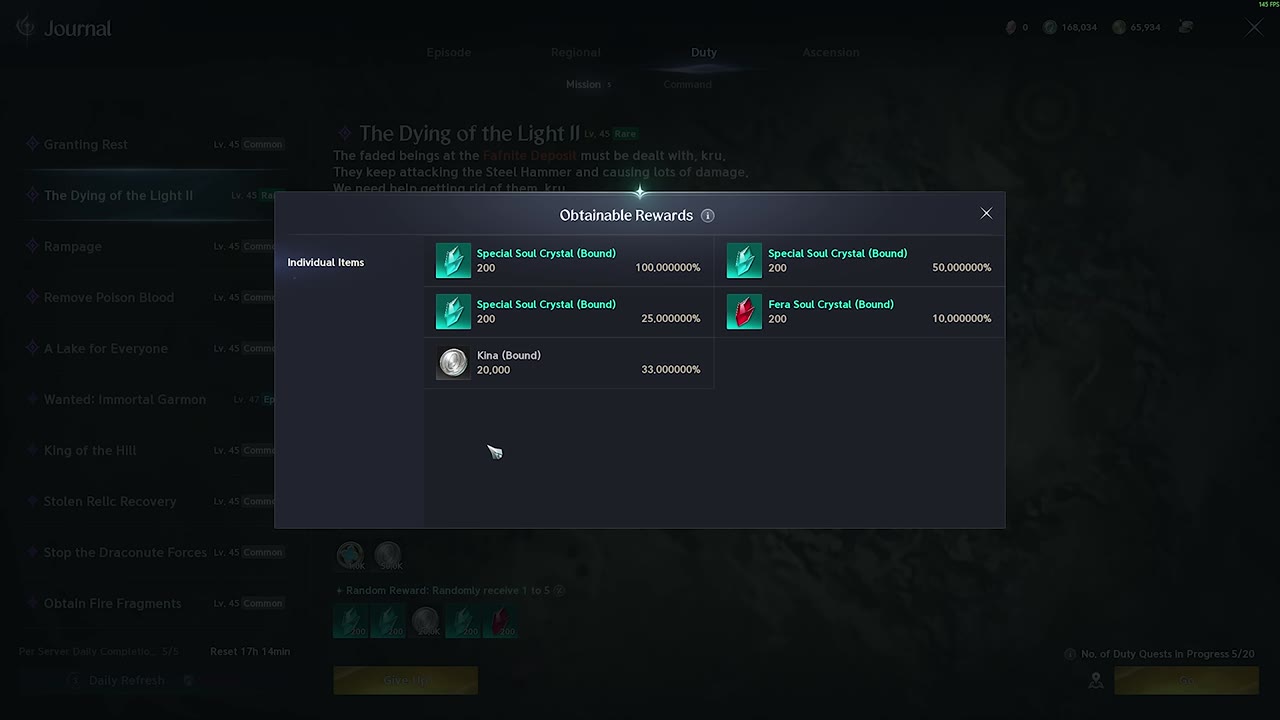 Obtainable Rewards window for the duty 'The Dying of the Light II' listing Special Soul Crystal (Bound) x200 at 100%, 50% and 25%, Fera Soul Crystal (Bound) x200 at 10%, and Kina (Bound) 20,000 at 33%.