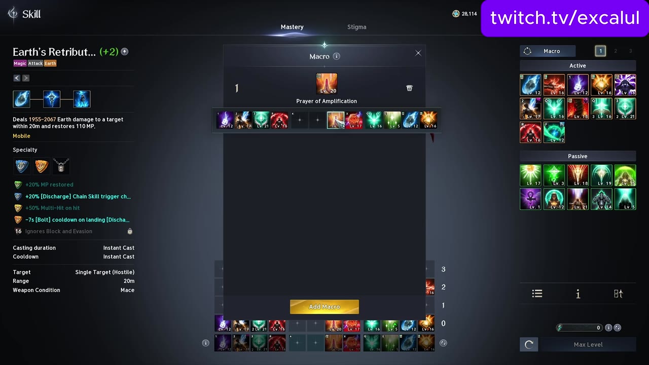 Macro editor open over the Skill screen, showing macro 1 with a row of skill icons slotted in and an Add Macro button below it
