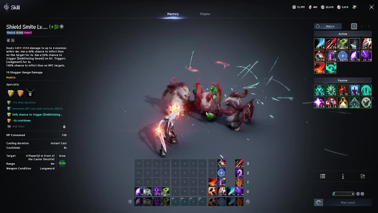 AION 2 Skill screen with the Shield Smite tooltip on the left, a Macro tab with slots 1 to 3 above the Active and Passive skill icon lists on the right, and the skill hotbar at the bottom.
