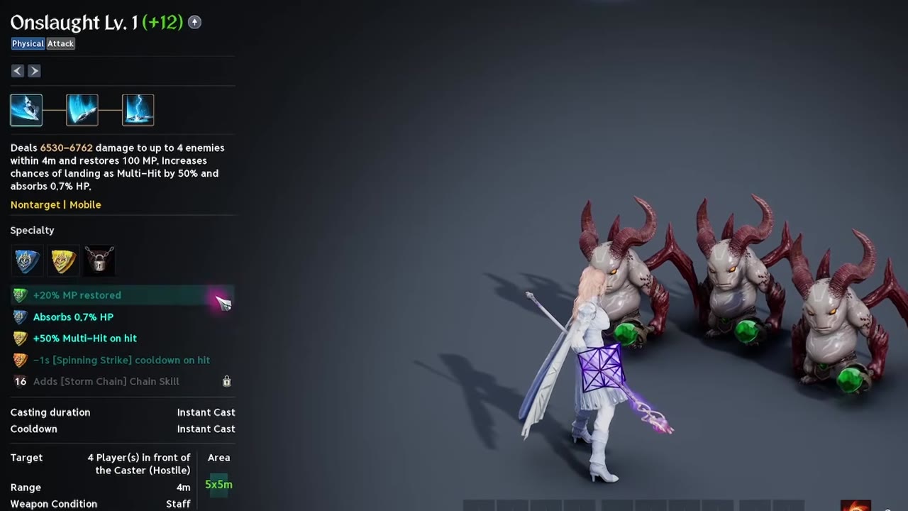 Onslaught Lv. 1 skill window listing its specialties: +20% MP restored, Absorbs 0.7% HP, +50% Multi-Hit on hit, and -1s Spinning Strike cooldown on hit, with a locked level 16 Storm Chain Chain Skill; the Chanter stands in front of three horned training dummies.