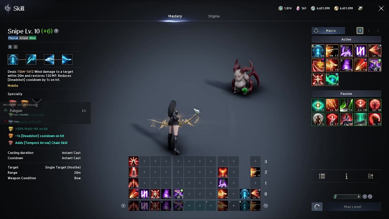 Skill screen on the Mastery tab showing Snipe Lv. 10, with the Macro panel on the right listing Active and Passive skill icons for slot 1 and the Ranger skill bar along the bottom