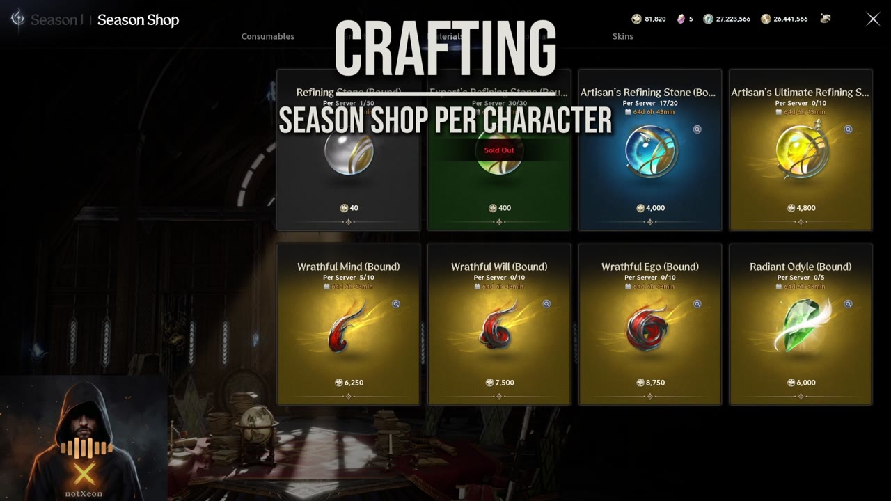 Season Shop screen with eight bound items priced in season coins: Refining Stone 40, Expert's Refining Stone 400 (sold out), Artisan's Refining Stone 4,000, Artisan's Ultimate Refining Stone 4,800, Wrathful Mind 6,250, Wrathful Will 7,500, Wrathful Ego 8,750 and Radiant Odyle 6,000.