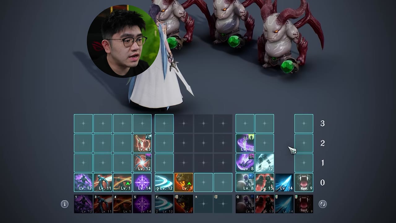 Skill bar editor showing stacked skill columns above the hotkey row (keys 1, 3, 4, 5, F, R, Q, 2) with skill levels from Lv. 1 to Lv. 15, and a character preview with three small horned creatures above it