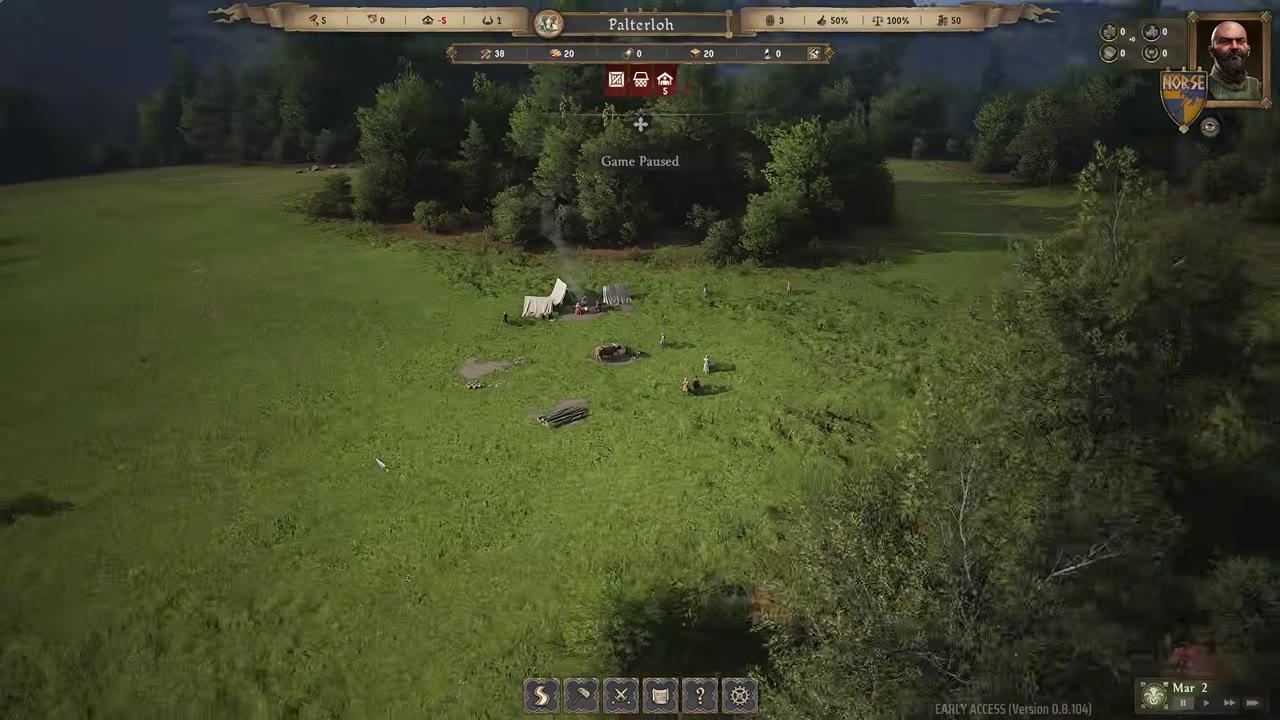 Paused Norse settlement Palterloh on an empty meadow with the top bar reading 5 unassigned families and -5 housing, with the food, approval and timber counters beside it