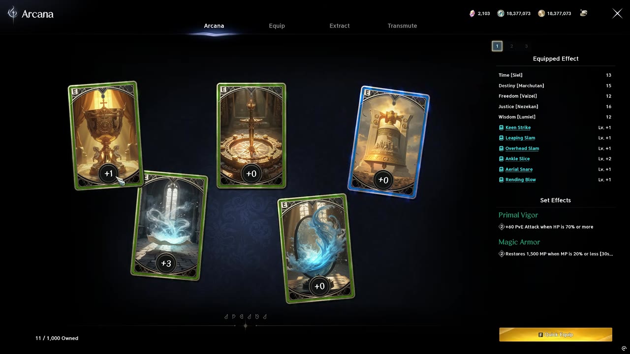 Arcana screen with five equipped cards, four green and one blue, showing +0 to +3 upgrade levels, with the Equipped Effect stat list and the Primal Vigor and Magic Armor set effects on the right.