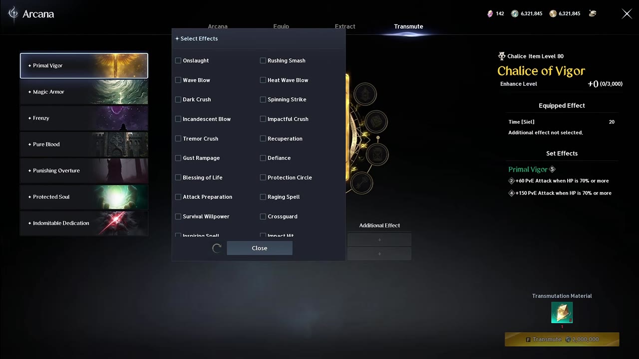 Arcana Transmute tab with a Select Effects list of skills (Onslaught, Wave Blow, Dark Crush, Survival Willpower and more) open over the Chalice of Vigor card, whose Time Siel effect and empty Additional Effect slot show on the right, with a Transmute button at the bottom