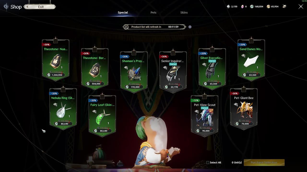 Shop window with the Special tab selected beside Pets and Skins, listing ten discounted items such as Theostone, Shaman's Pray…, Nebula Ring, Pet: Giant Bee and Pet: Klaw Scout, with a refresh timer reading 00:11:59 and a merchant character at the bottom.