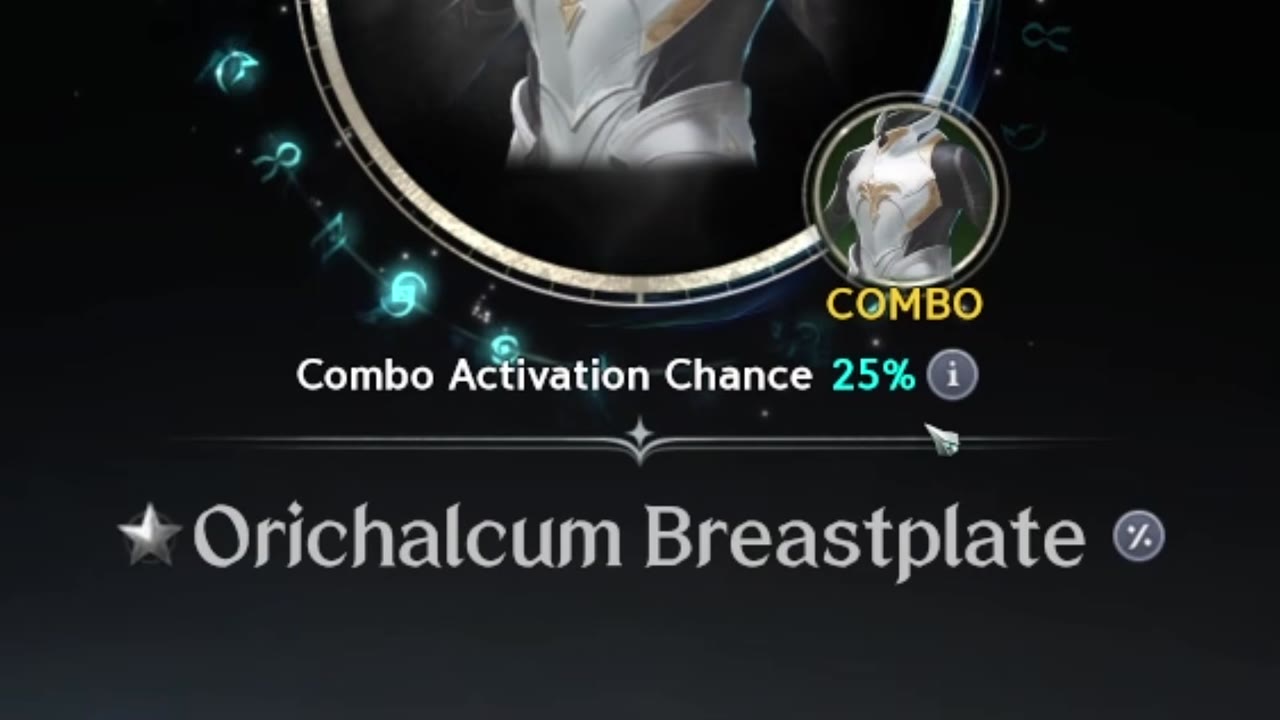 Craft screen for the Orichalcum Breastplate with a COMBO badge showing the upgraded breastplate and the line 'Combo Activation Chance 25%'.