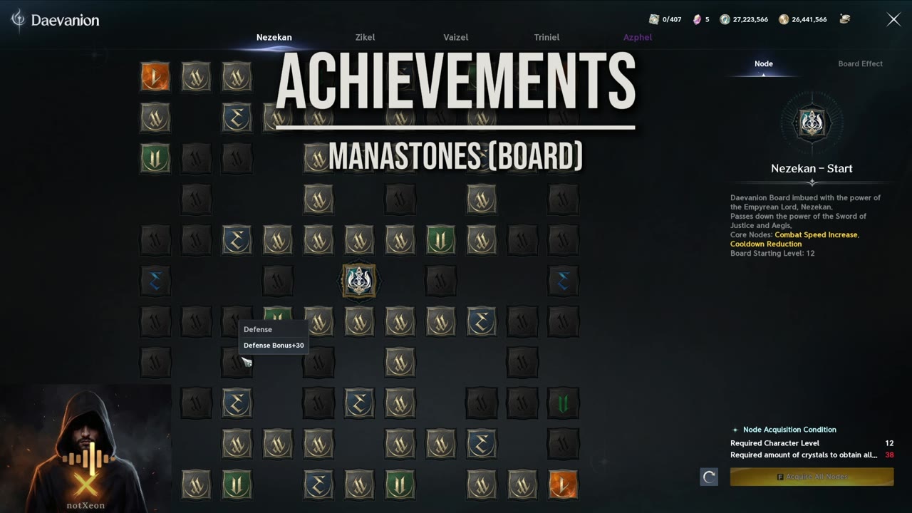 Daevanion board on the Nezekan tab with a grid of gold, blue and green nodes, many of them still dark, and the Nezekan - Start node details on the right, under an 'Achievements: Manastones (Board)' title.