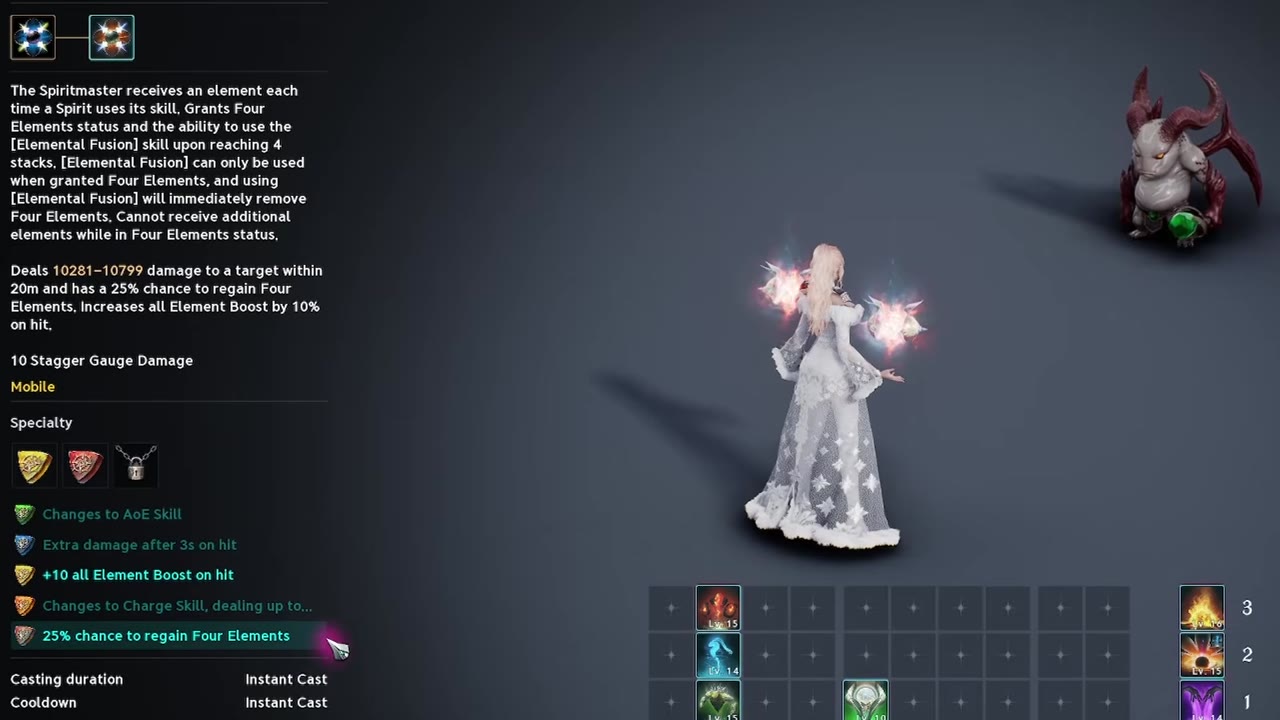 Elemental Fusion skill tooltip showing its specialty list: Changes to AoE Skill, Extra damage after 3s on hit, +10 all Element Boost on hit, Changes to Charge Skill, and 25% chance to regain Four Elements selected.