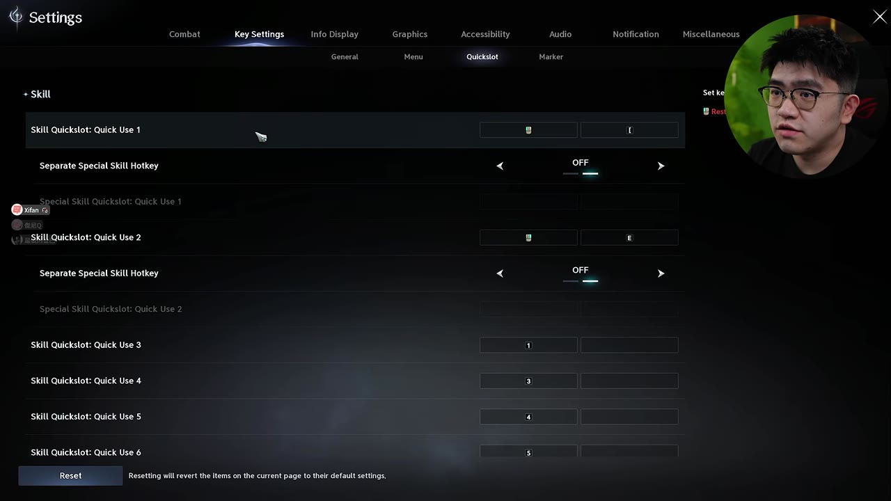 Settings, Key Settings, Quickslot tab: Skill Quickslot: Quick Use 1 has the left mouse button icon and the left square bracket key assigned, Quick Use 2 has the mouse icon and E, and Quick Use 3 to 6 are bound to 1, 3, 4 and 5.