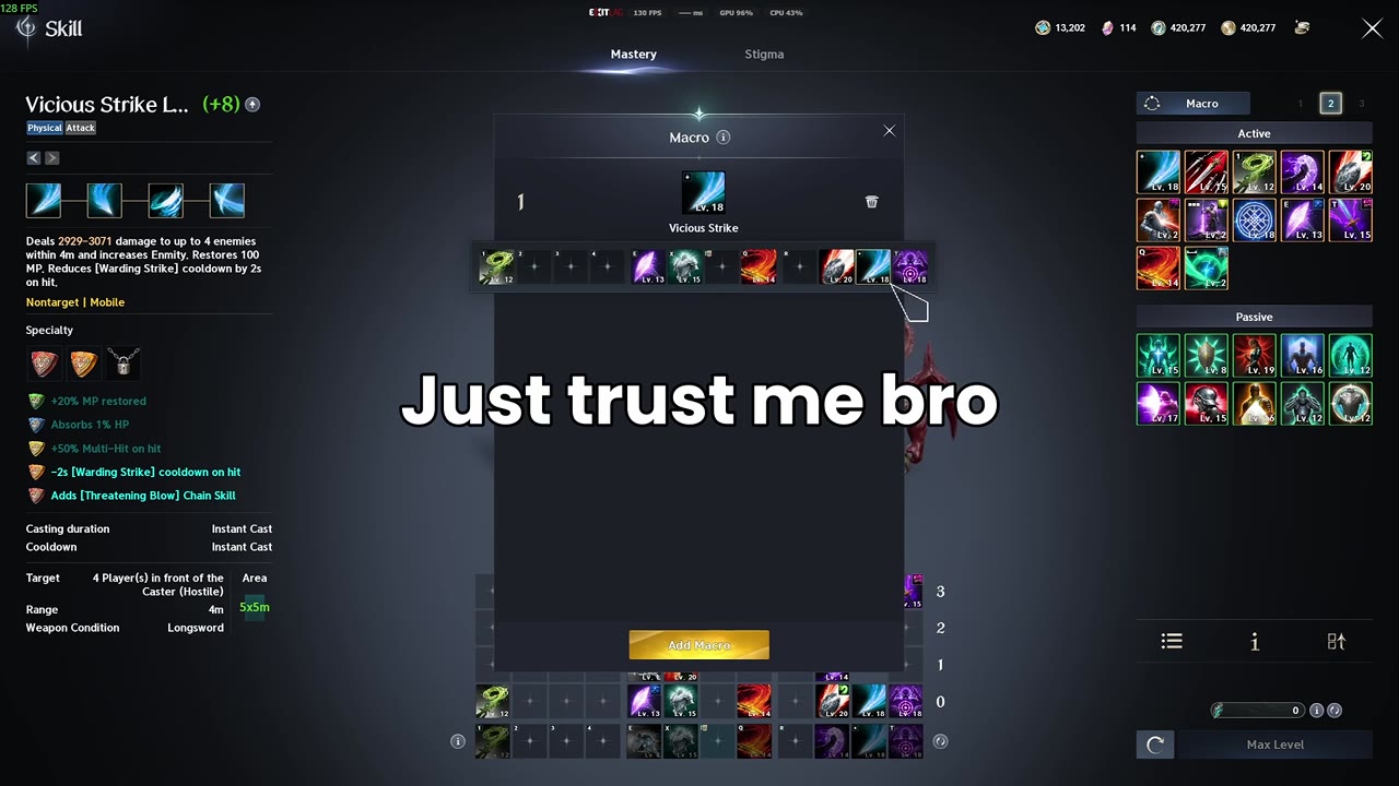 Skill screen with the Macro window open: Vicious Strike (Lv. 18) is the macro's main skill and a row of nine skill slots is filled in the chain, with Add Macro below and the Active and Passive skill lists on the right.