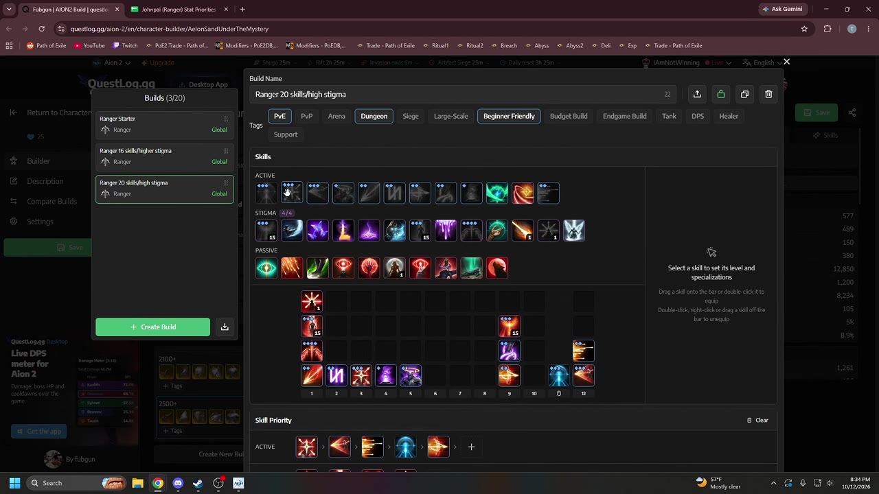 QuestLog.gg character builder for the Ranger 20 skills/high stigma build, with the build list (Ranger Starter, Ranger 16 skills/higher stigma, Ranger 20 skills/high stigma) on the left and the Skills panel showing active, stigma and passive skill rows, the skill bar layout and the start of the Skill Priority row.