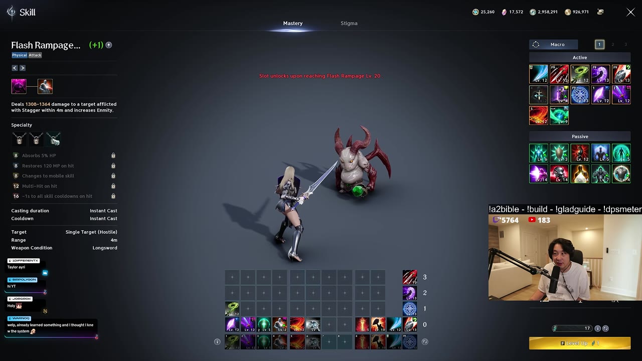 Skill window on Flash Rampage showing three locked specialty slots, bonus rows unlocking at levels 8, 8, 8, 12 and 16, a red note that a slot unlocks upon reaching Flash Rampage Lv. 20, and the equipped active and passive skills with their levels on the right.