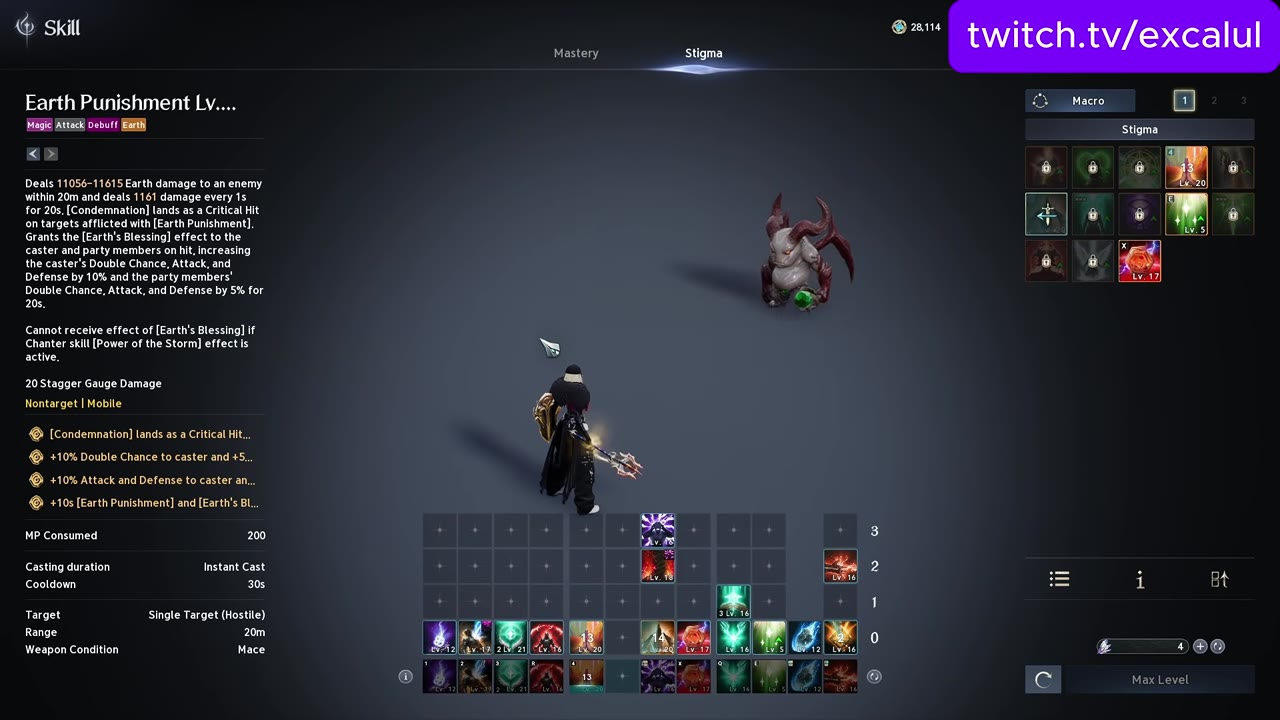Skill screen, Stigma tab, with the Earth Punishment tooltip open on the left and the stigma slot grid on the right showing a few equipped stigmas, including one at Lv. 20.