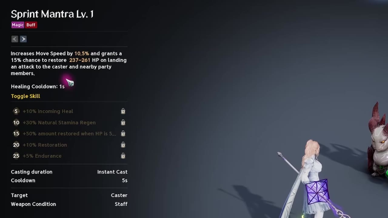 Sprint Mantra Lv. 1 skill tooltip: a Magic Buff toggle skill that increases Move Speed by 10.5% and gives a 15% chance to restore 237-261 HP on landing an attack to the caster and nearby party members, with a 1s healing cooldown, 5s cooldown and Staff weapon condition.
