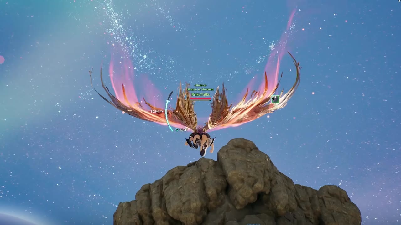 Character with large spread fiery wings hovering above a rocky outcrop against a starry sky, pink glowing streaks rising from the wings and a thin cyan arc gauge with distance readouts 90.9M and 93.0M beside the character