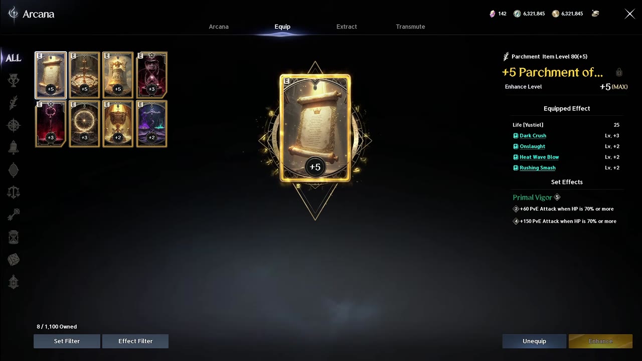 Arcana Equip tab with a +5 (MAX) Parchment card selected; the Equipped Effect panel lists Dark Crush Lv +3, Onslaught Lv +2, Heat Wave Blow Lv +2 and Rushing Smash Lv +2, plus the Primal Vigor set effect.