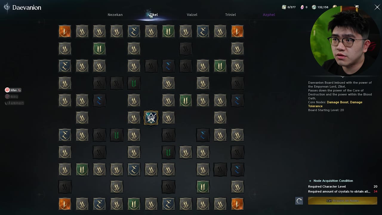 Zikel Daevanion board with an orange node in each of the four corners, a grid of skill and passive nodes between them, and a side panel listing Core Nodes: Damage Boost, Damage Tolerance, Board Starting Level 20.