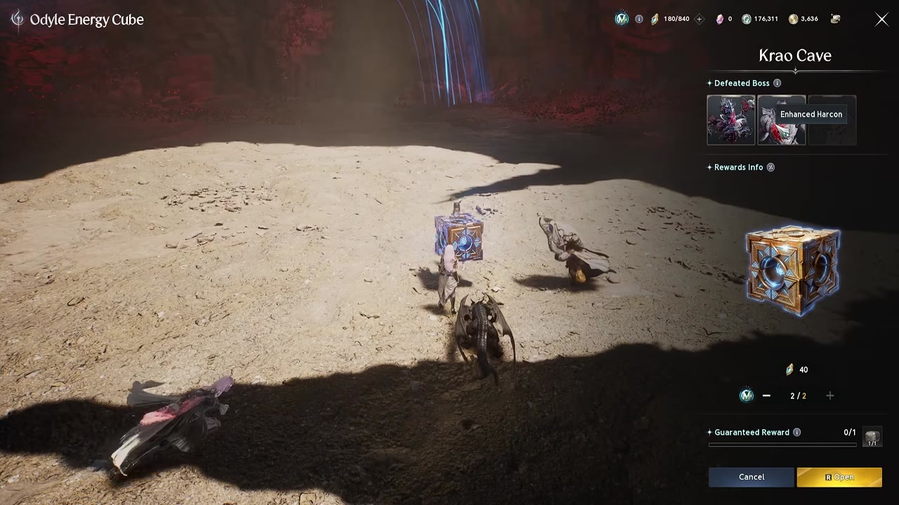 Odyle Energy Cube window for Krao Cave showing the defeated bosses, the loot cube with a cost of 40 Odyle Energy, a 2/2 selector, the Guaranteed Reward bar at 0/1, and Cancel and Open buttons, with the player's party standing beside the cube in the cave.