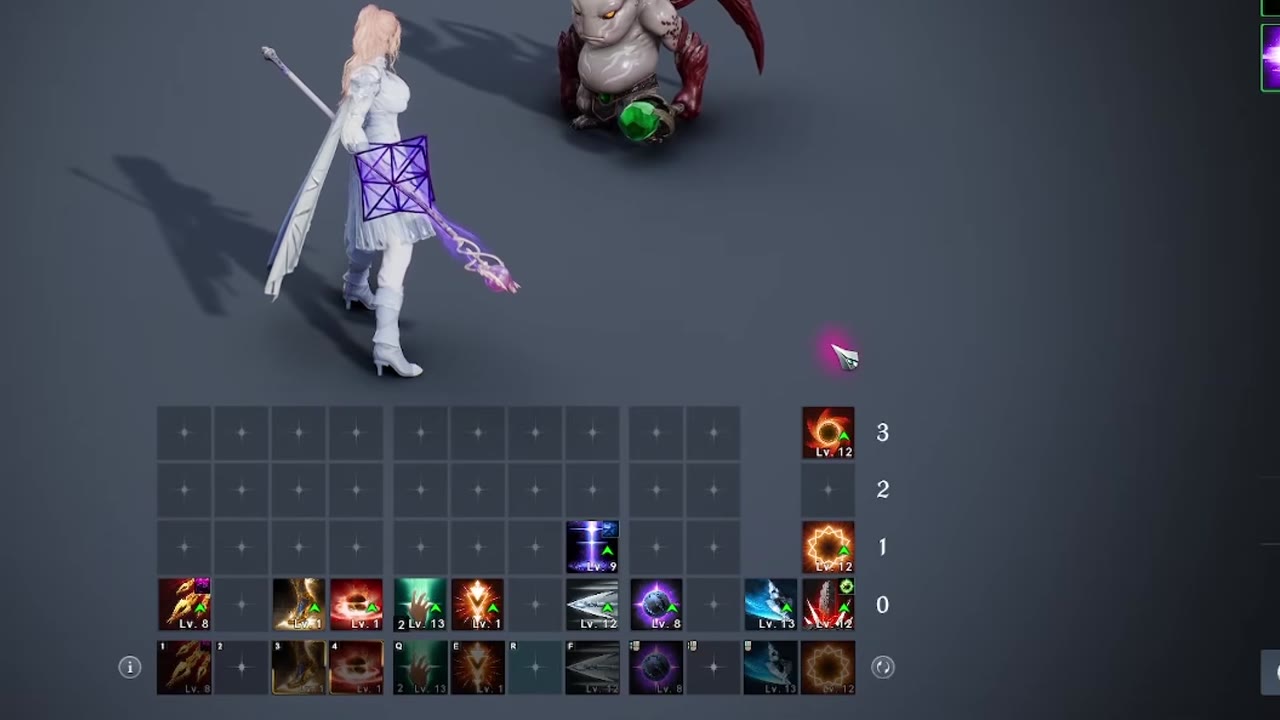 Macro editor grid with a single filled line of skill icons, levels 1 to 13 visible, and the lines above it mostly empty, shown below the character
