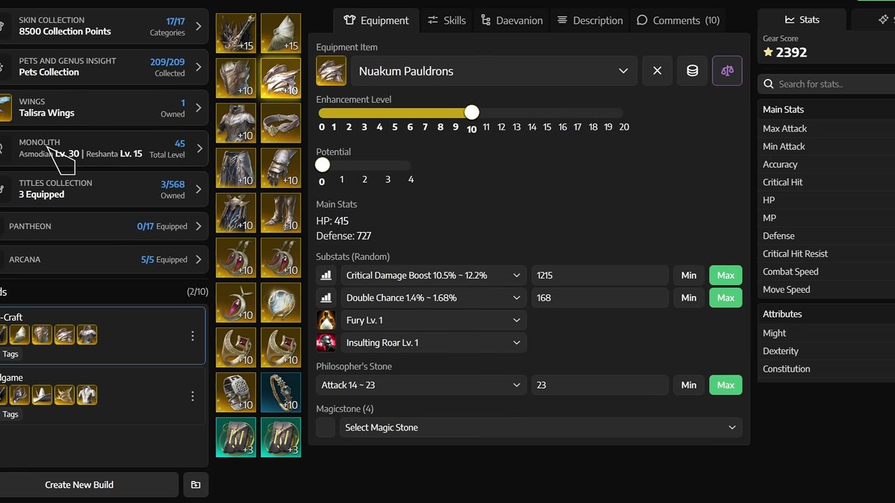 Gear editor for Nuakum Pauldrons at enhancement level 10 with random substats Critical Damage Boost 10.5% to 12.2% and Double Chance 1.4% to 1.68%, plus the Fury Lv. 1 and Insulting Roar Lv. 1 passive skills.
