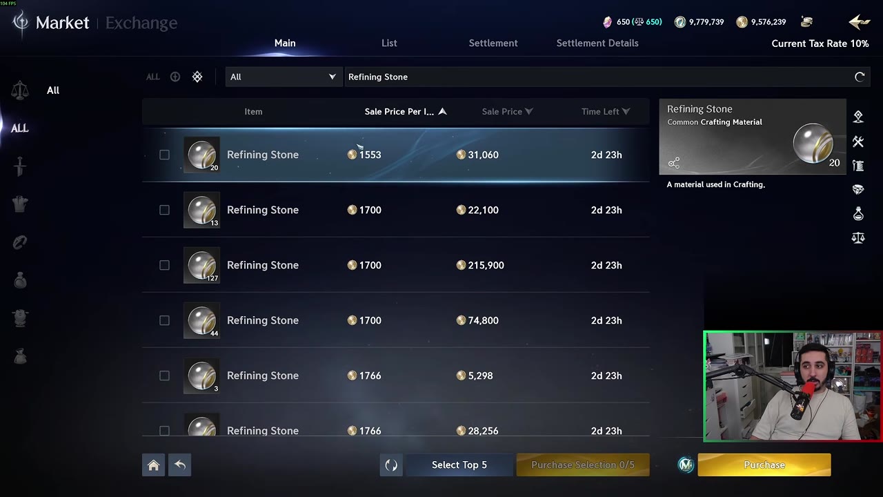 Market Exchange main tab searching Refining Stone, with the Sale Price Per Item column sorted lowest first: listings run from 1553 up to 1700 and 1766 per stone.