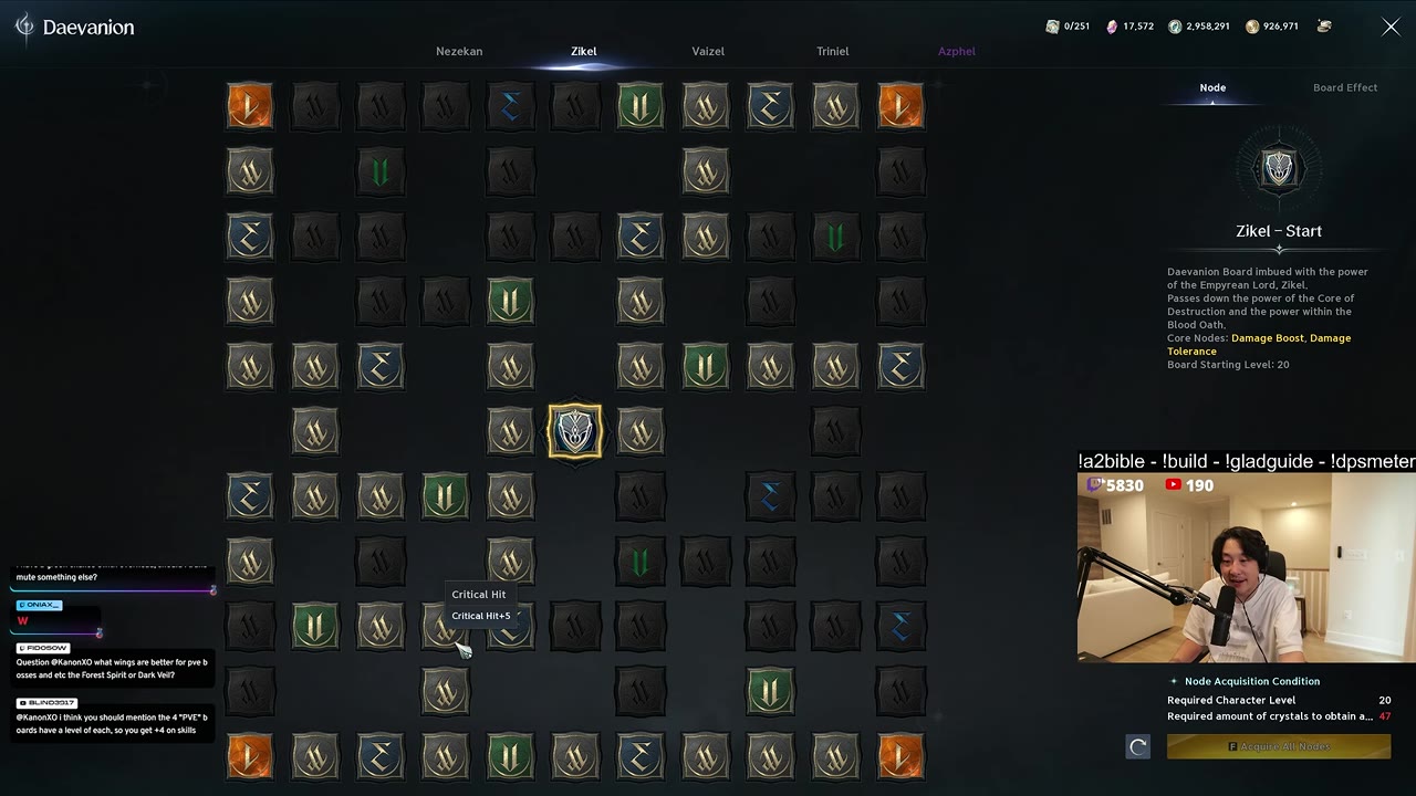 Daevanion board on the Zikel tab with grey, blue, orange and green nodes around the Zikel start node, and a Critical Hit +5 tooltip over a grey node near the bottom left