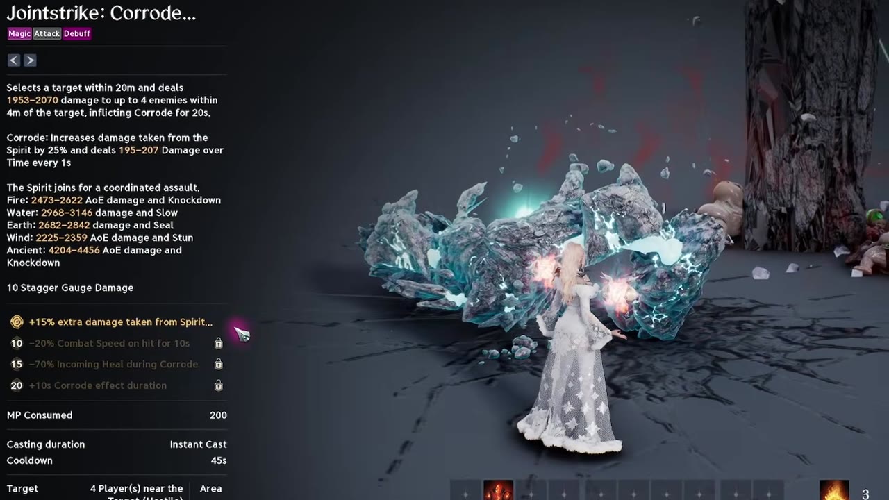 Jointstrike: Corrode skill panel listing its effects, with the first perk reading +15% extra damage taken from Spirit and the level 10, 15 and 20 perks still locked; the character casts an ice burst on the right.