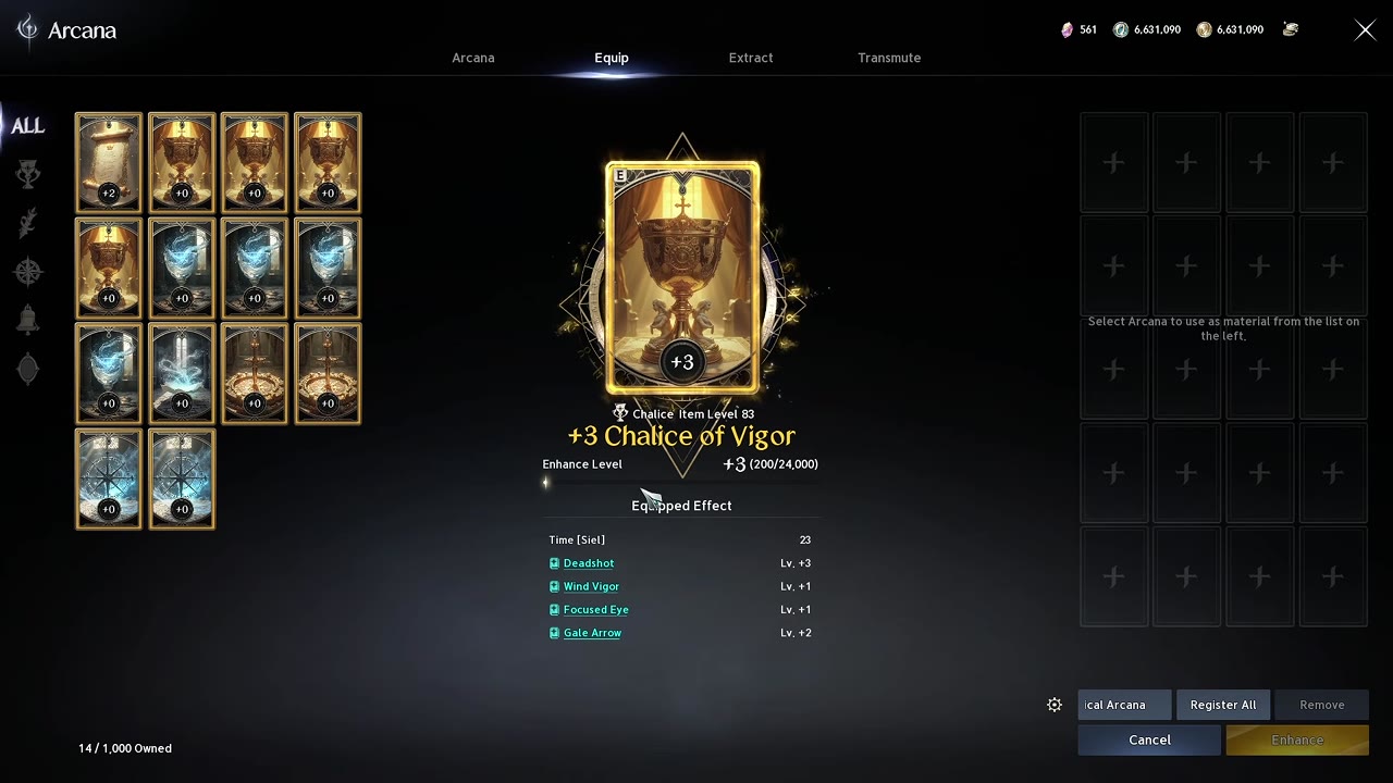 Arcana Equip screen showing a +3 Chalice of Vigor card with its equipped effects listed: Deadshot Lv +3, Wind Vigor Lv +1, Focused Eye Lv +1 and Gale Arrow Lv +2, beside a grid of 14 owned Arcana cards.