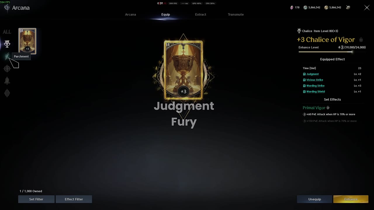 Arcana Equip tab with the +3 Chalice of Vigor selected: Time Siel 23, skills Judgment Lv. 2, Vicious Strike Lv. 1, Warding Strike Lv. 3 and Warding Shield Lv. 1, and the Primal Vigor set effect, with the words Judgment and Fury over the card.