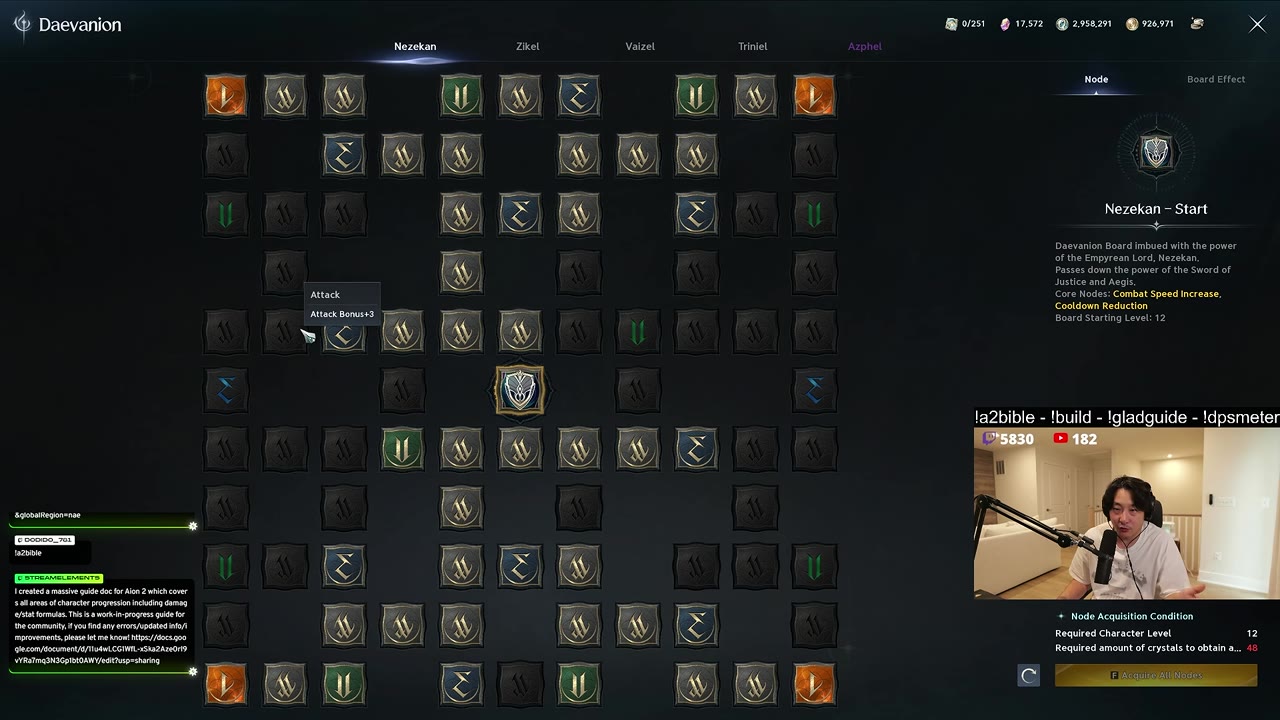 Daevanion board for Nezekan with many gray, orange, green and blue nodes; the cursor is over a gray node whose tooltip reads Attack, Attack Bonus +3.
