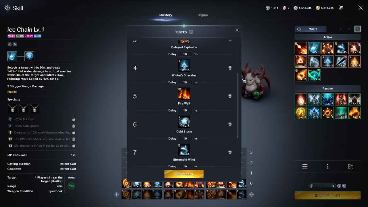 Skill window with the Macro panel open, listing numbered abilities Delayed Explosion, Winter's Shackles, Fire Wall, Cold Storm and Bittercold Wind, each followed by a 10 ms delay, with an Add Macro button below.